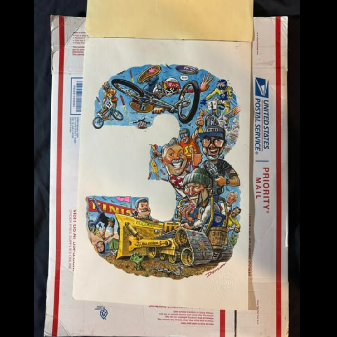Original colorful Dirty Fest 3 artwork on paper showing a large number three filled with BMX riders and personalities.