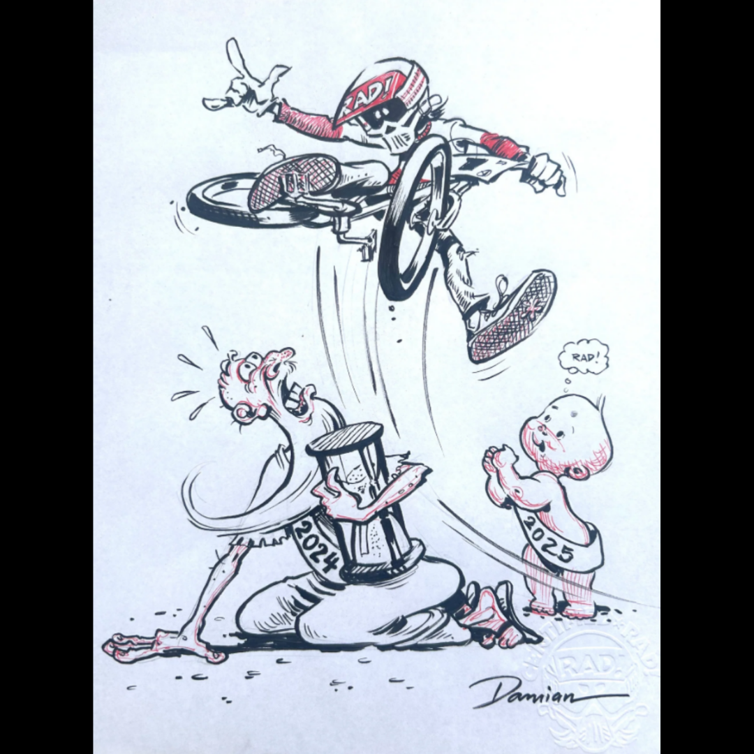 Signed black, white and red drawing of Radical Rick jumping over a kneeling figure marked 2024 while a baby marked 2025 reacts nearby.