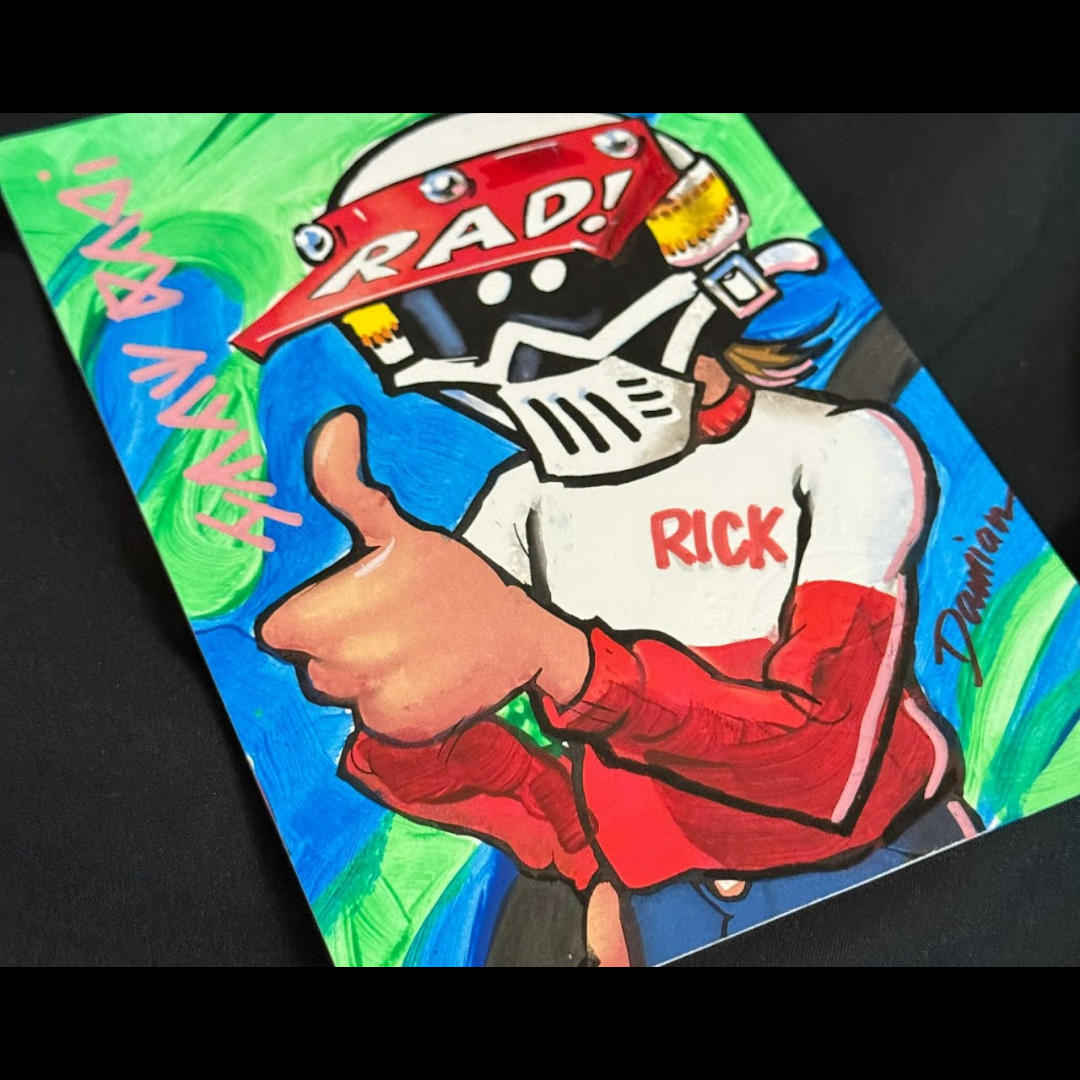 Small hand-painted Radical Rick portrait on a green and blue background, signed Damian and marked Hang Rad.