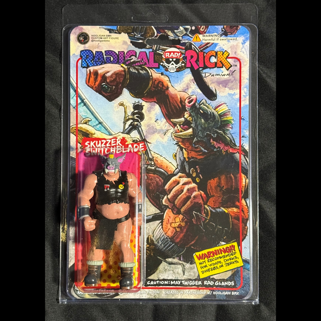 Packaged custom Skuzzer Switchblade figure on Radical Rick illustrated card art.