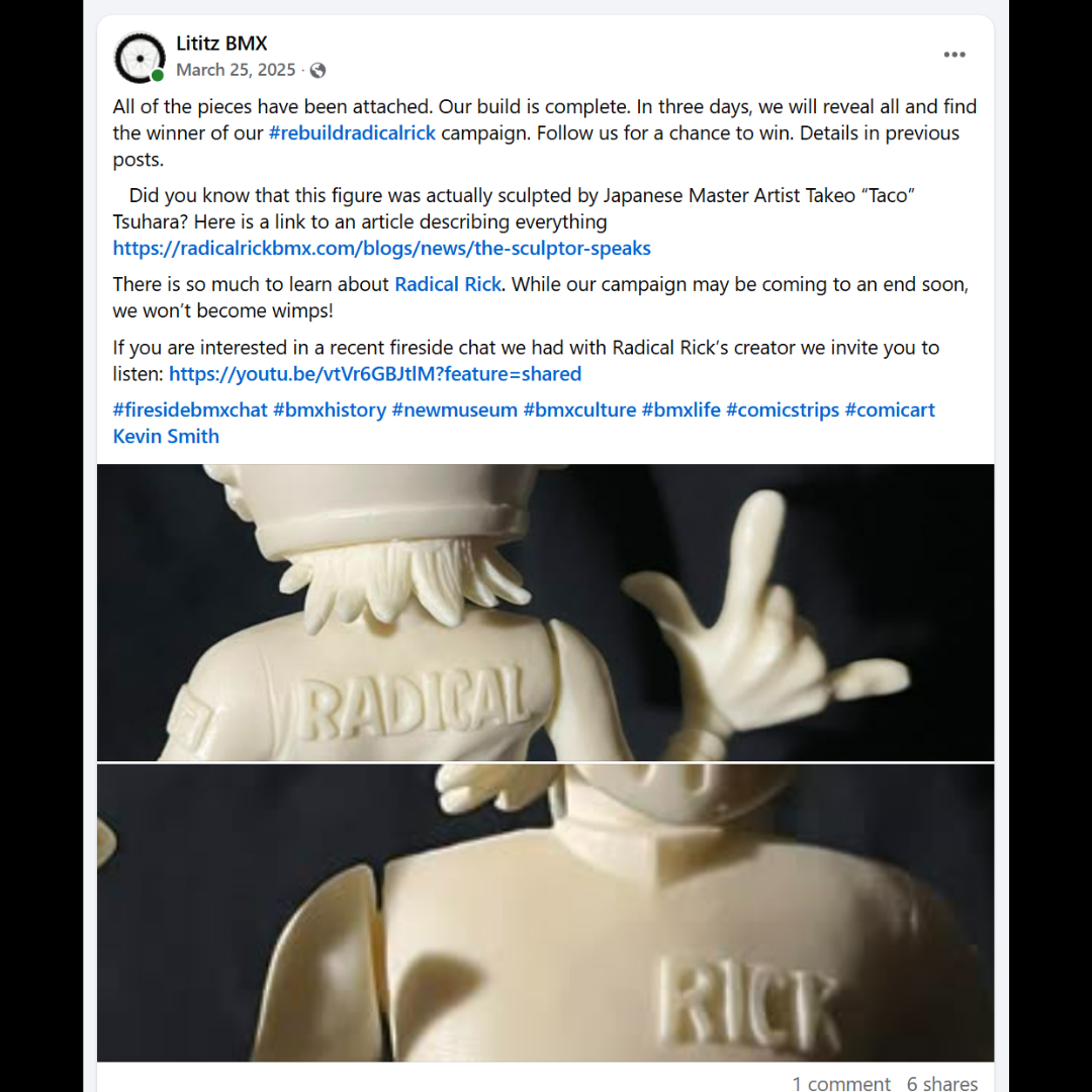 Lititz BMX campaign post announcing the completed Radical Rick figure and the approaching Rebuild Radical Rick finale.