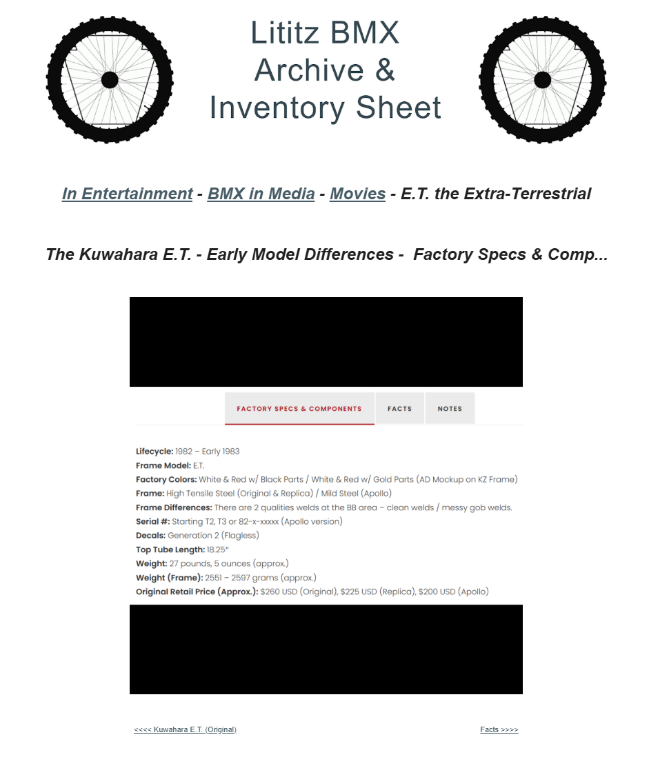 Canonical Lititz BMX source-page capture for The Kuwahara E.T. - Early Model Differences - Factory Specs & Components