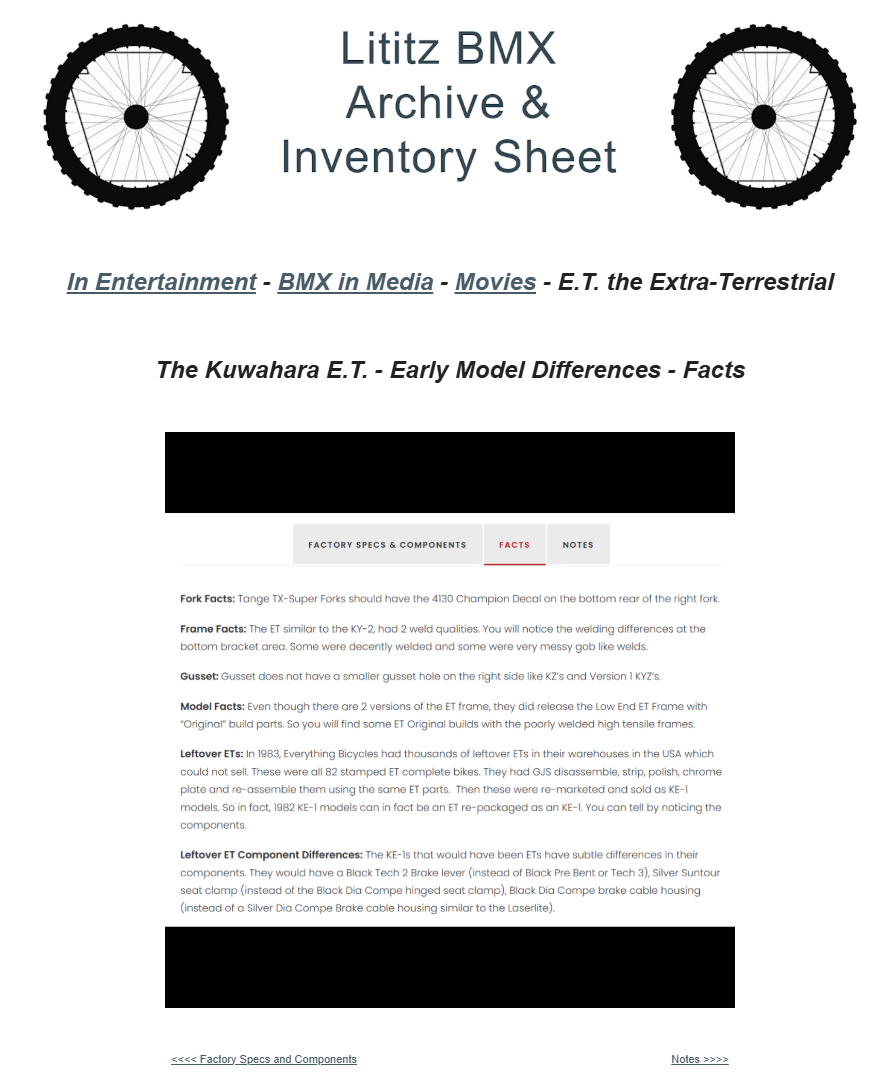 Canonical Lititz BMX source-page capture for The Kuwahara E.T. - Early Model Differences - Facts