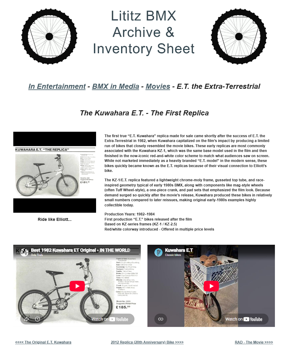 Canonical Lititz BMX source-page capture for The Kuwahara E.T. - The First Replica