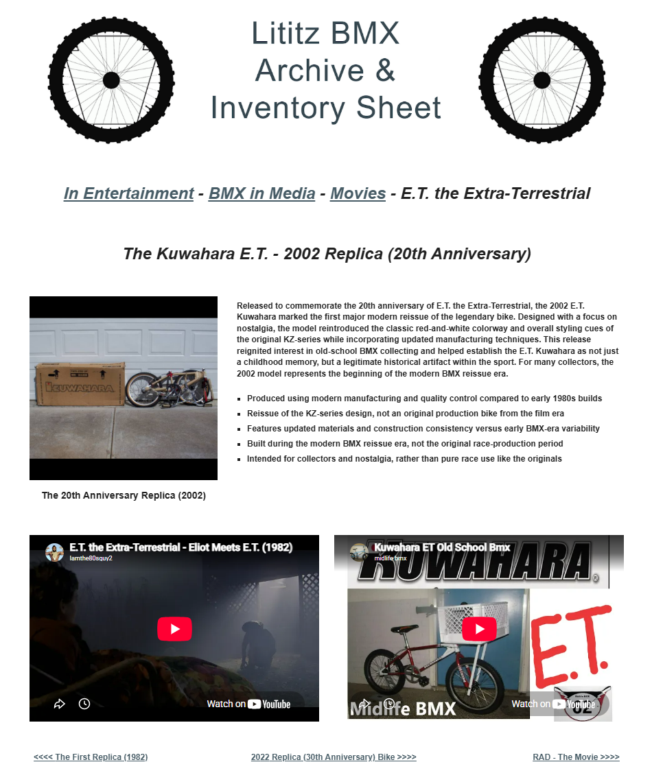 Canonical Lititz BMX source-page capture for The Kuwahara E.T. - 2002 Replica (20th Anniversary)