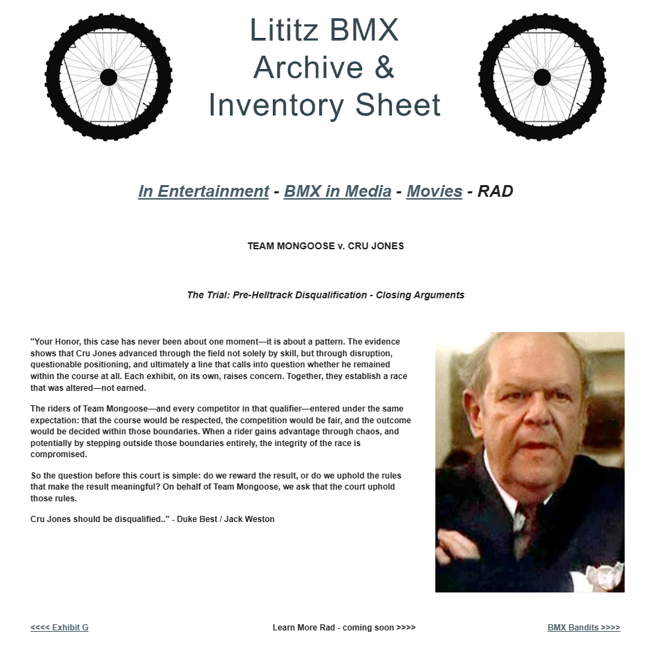 Canonical Lititz BMX source-page capture for The Trial: Pre-Helltrack Disqualification - Closing Arguments