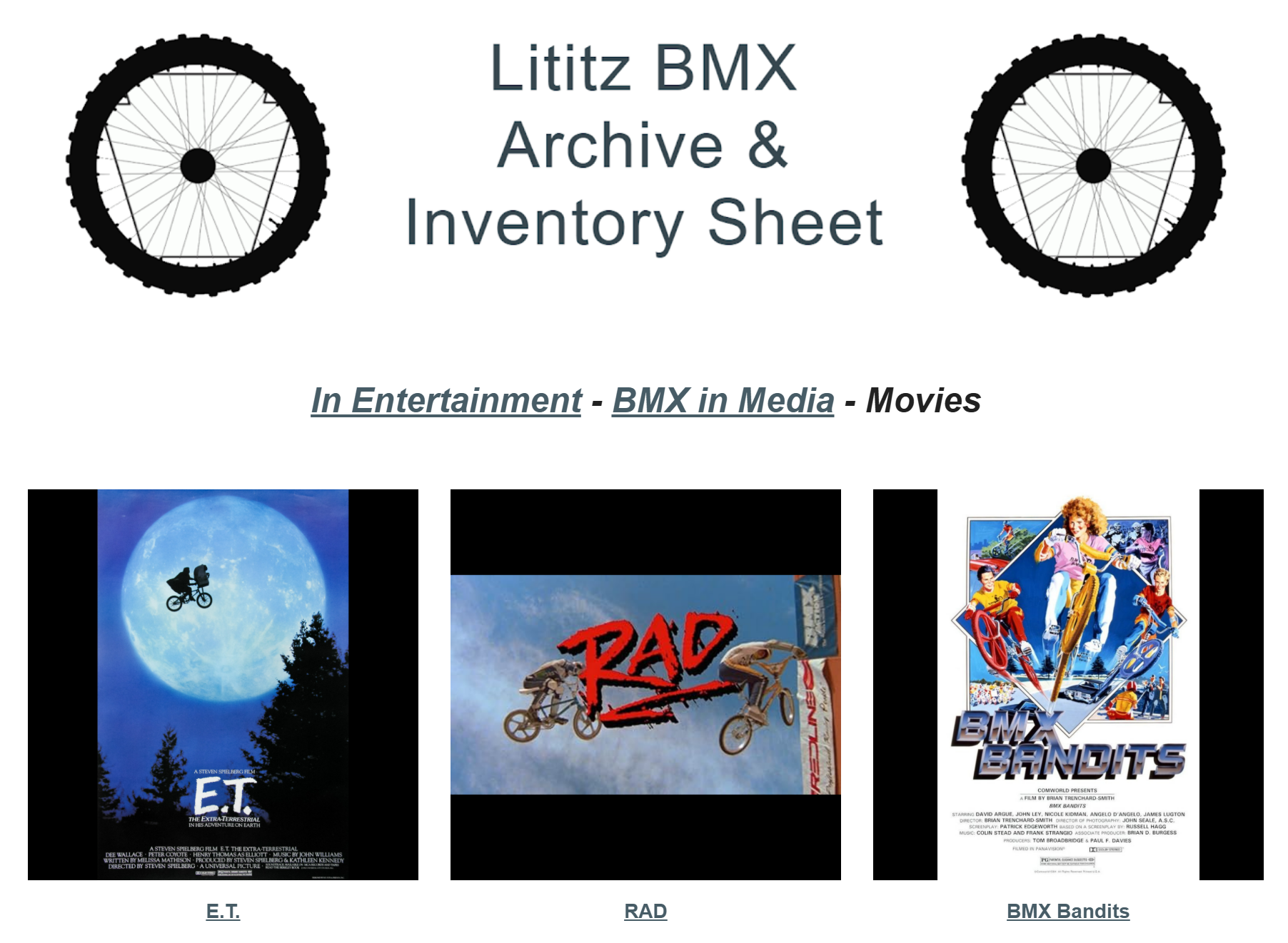 Lititz BMX Google Sites Movies index showing E.T., RAD and BMX Bandits