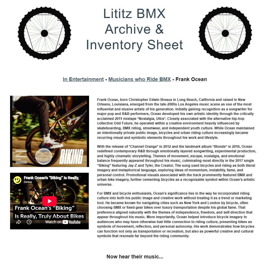 Lititz BMX Musicians who Ride BMX source page for Frank Ocean