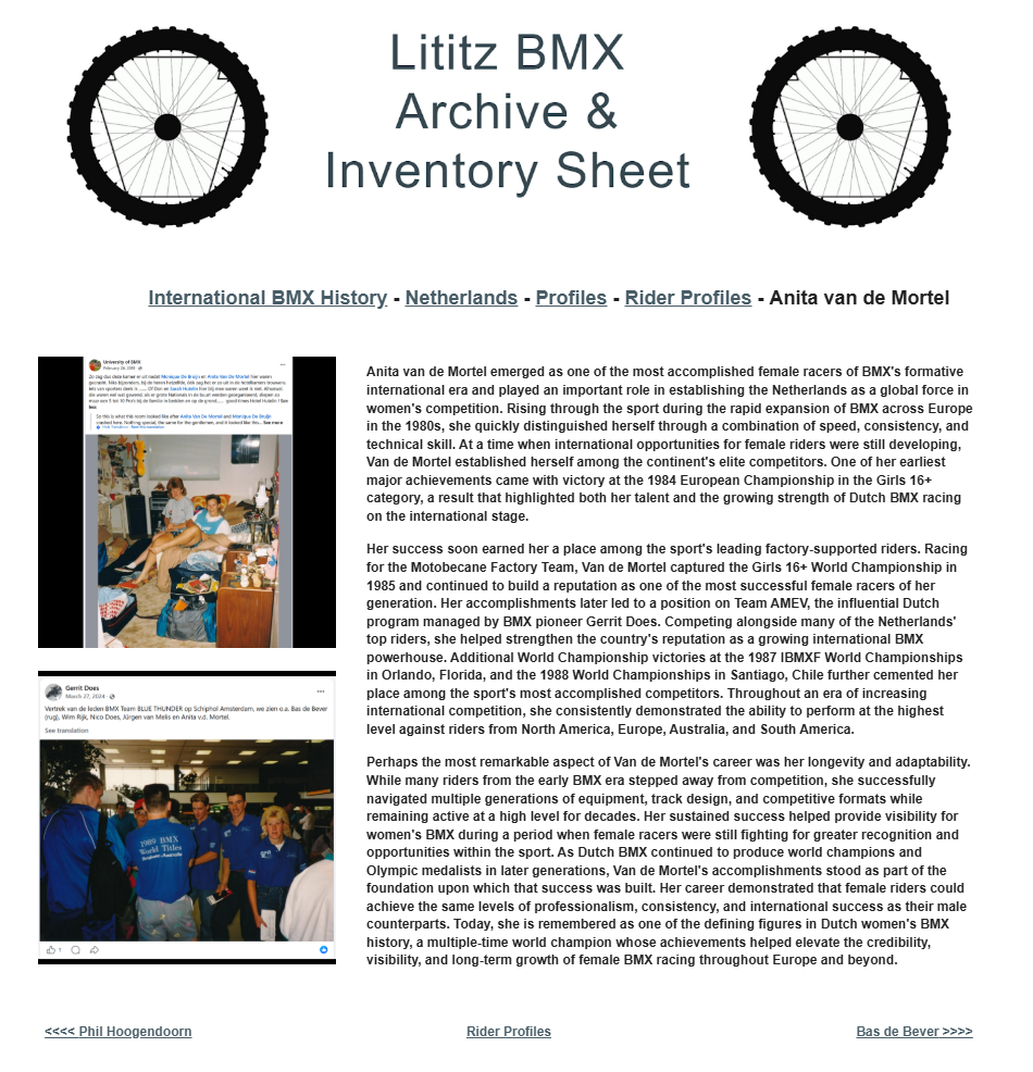 Lititz BMX International BMX History source page for Anita van de Mortel