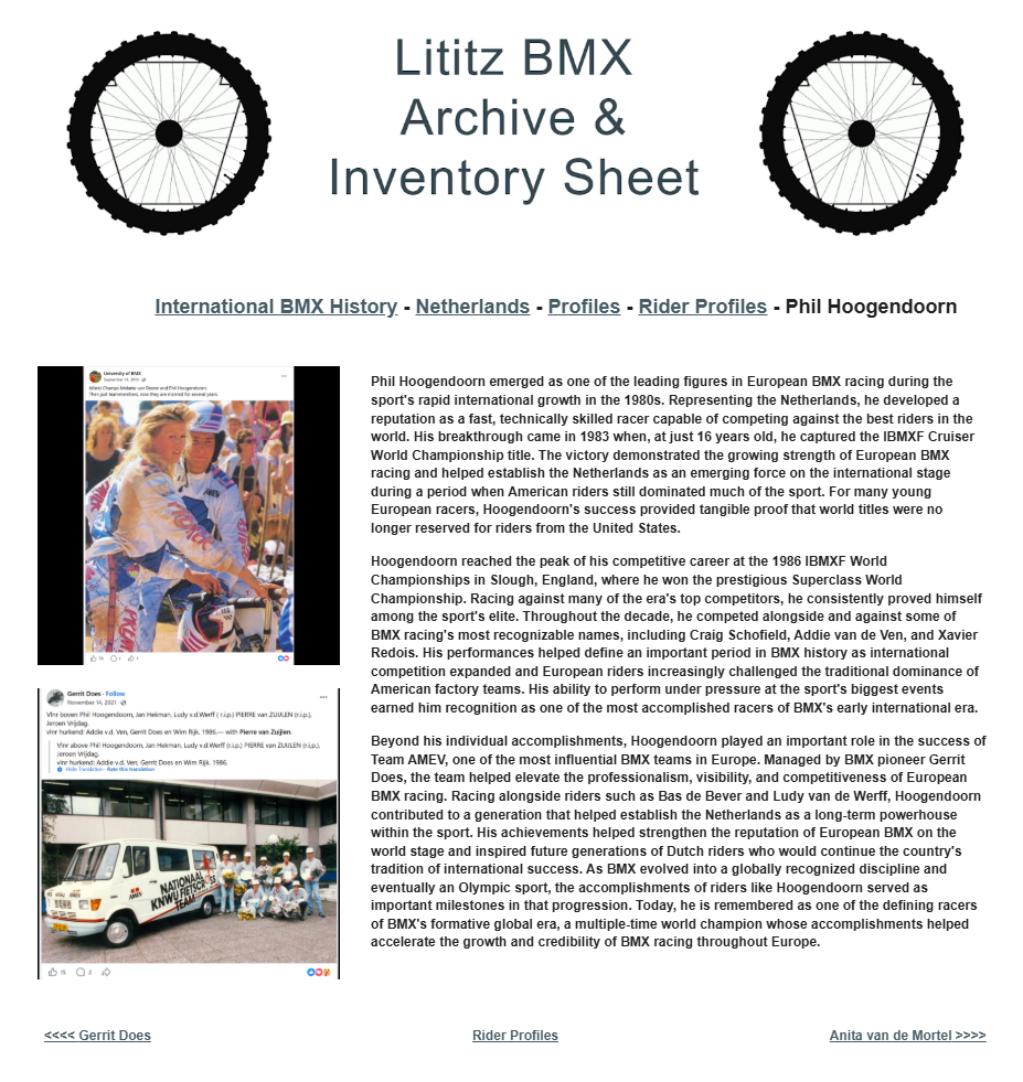 Lititz BMX International BMX History source page for Phil Hoogendoorn