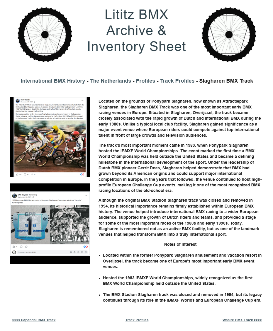 Lititz BMX International BMX History source page for Slagharen BMX Track