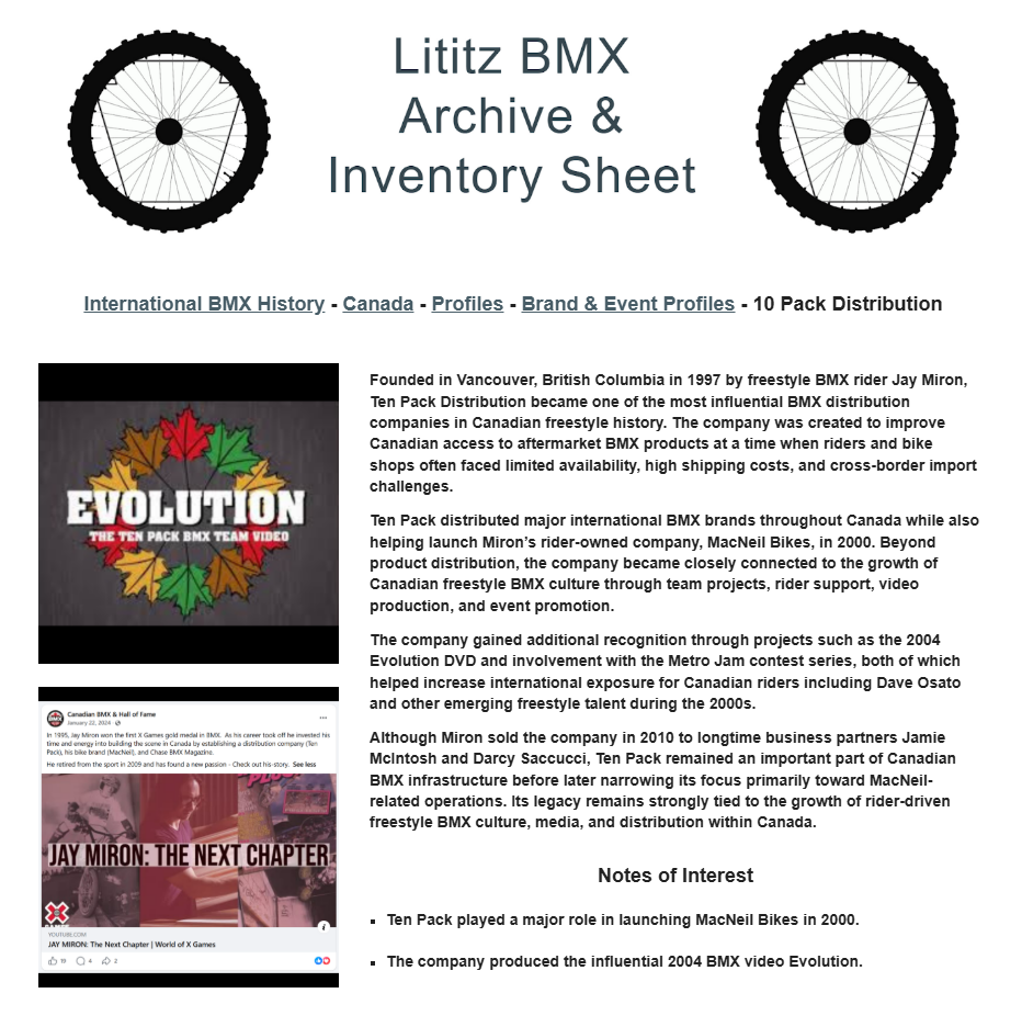 Lititz BMX International BMX History source page for 10 Pack Distribution