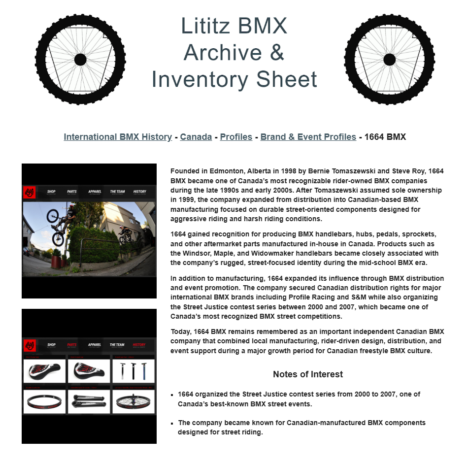 Lititz BMX International BMX History source page for 1664 BMX