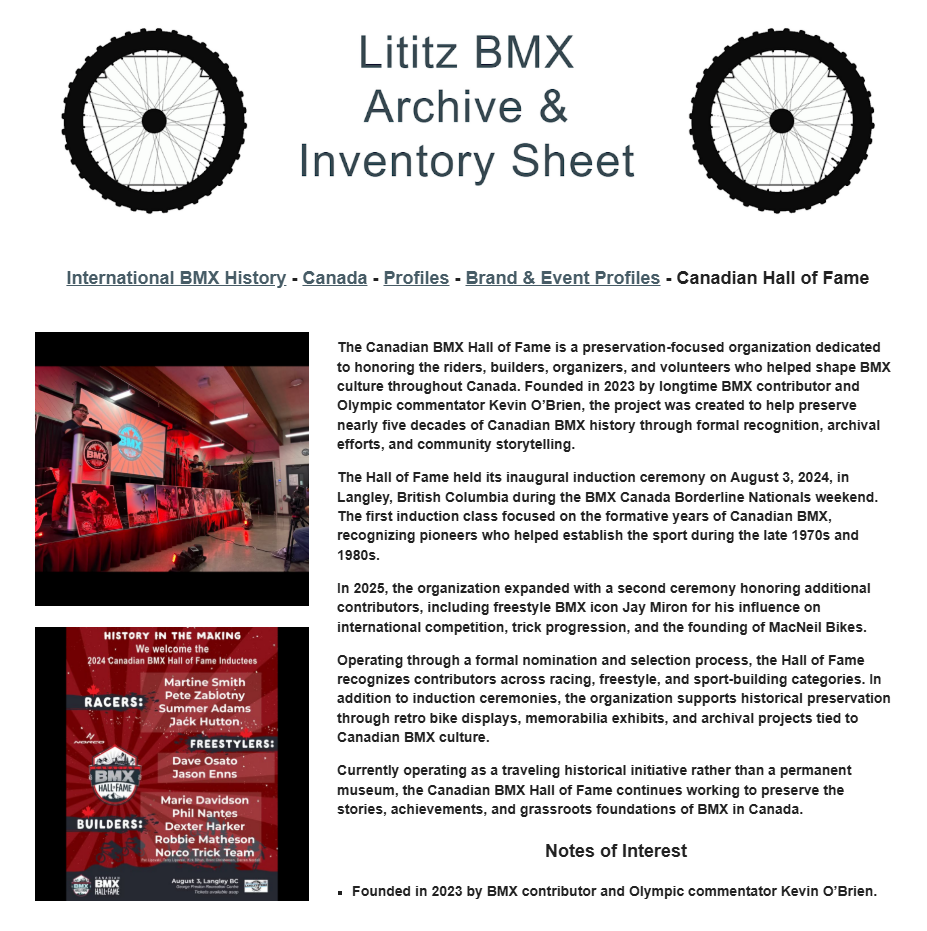 Lititz BMX International BMX History source page for Canadian Hall of Fame