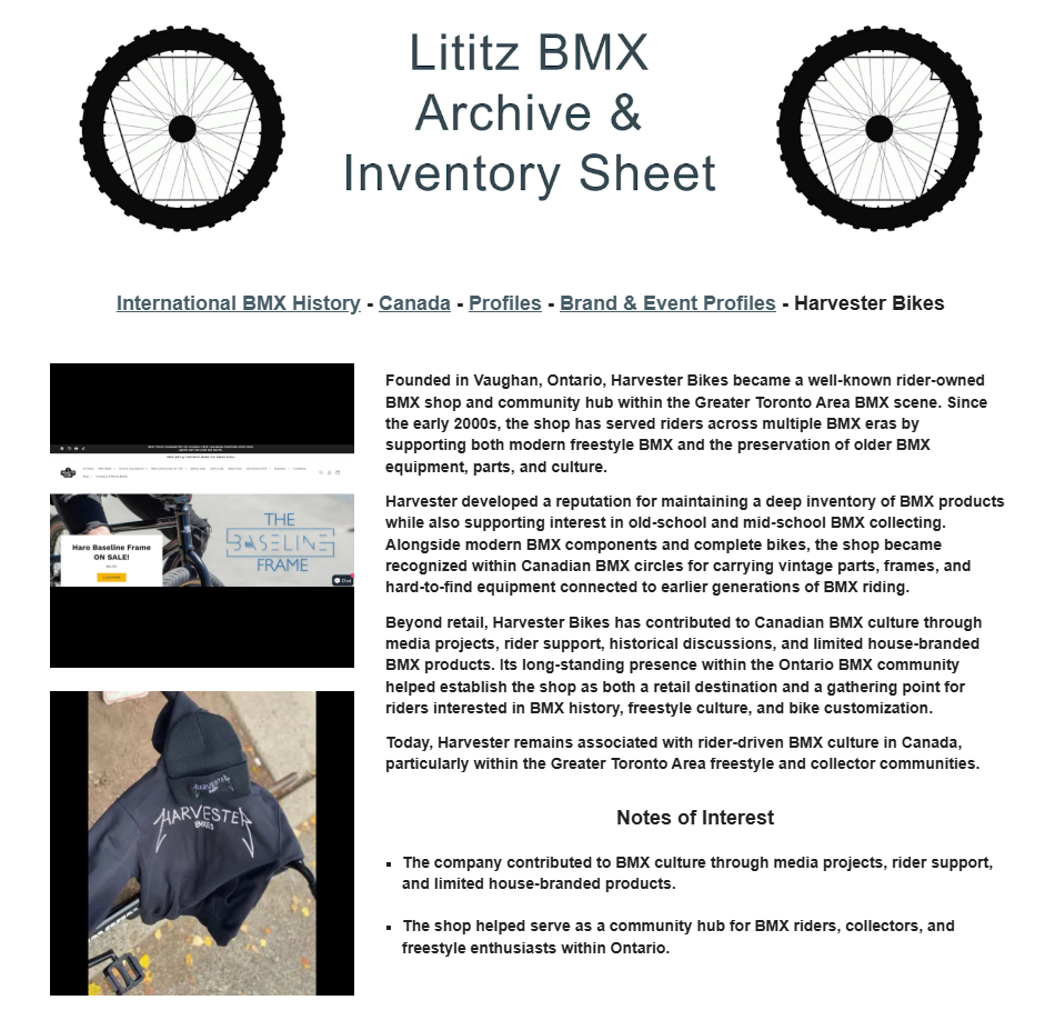 Lititz BMX International BMX History source page for Harvester Bikes
