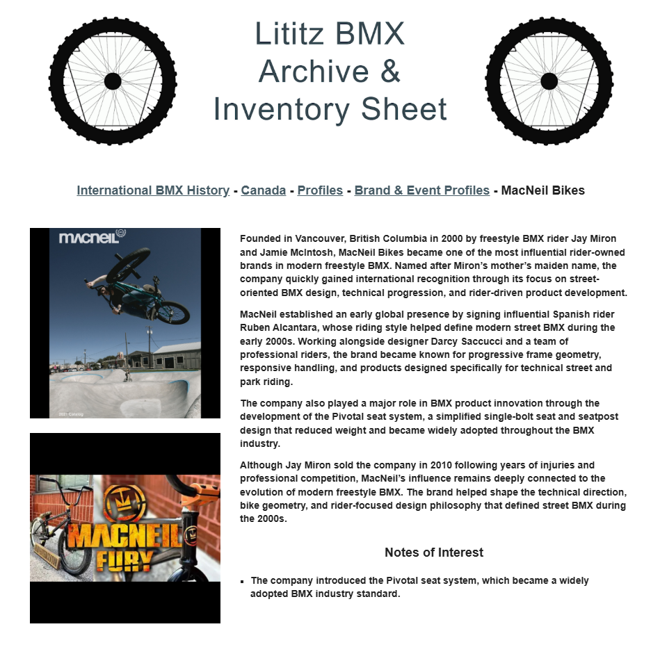 Lititz BMX International BMX History source page for MacNeil Bikes