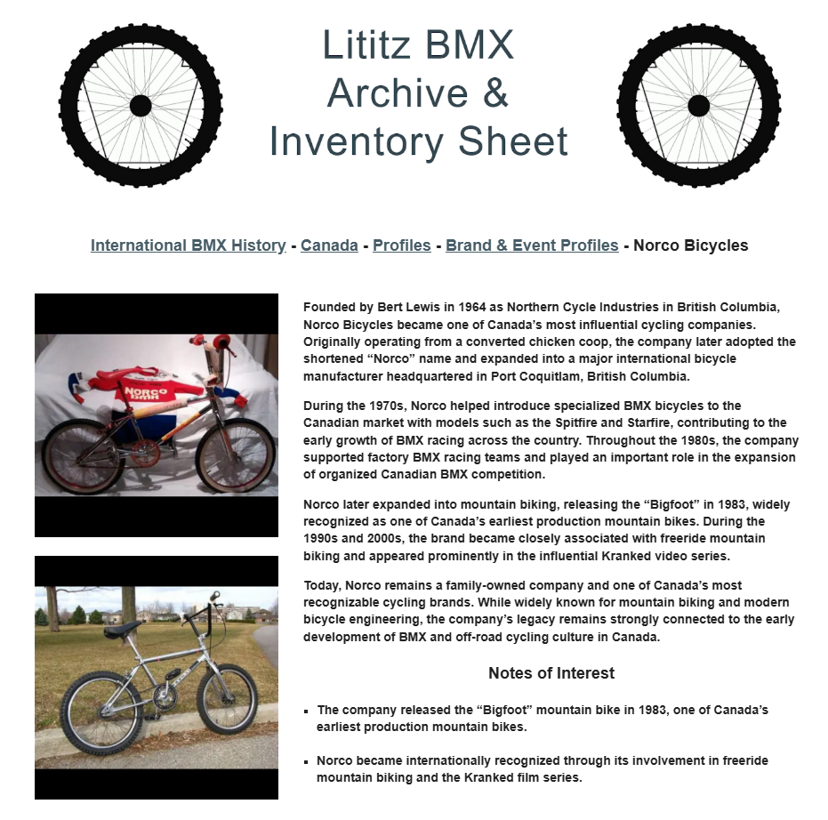Lititz BMX International BMX History source page for Norco Bicycles