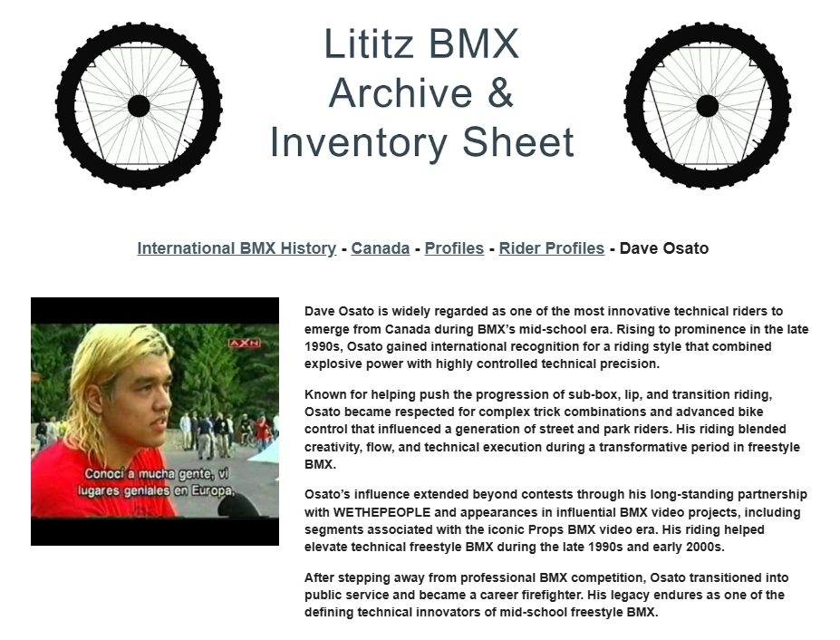 Lititz BMX International BMX History source page for Dave Osato
