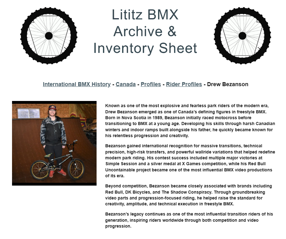 Lititz BMX International BMX History source page for Drew Bezanson