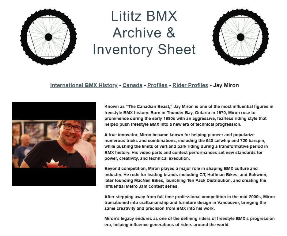 Lititz BMX International BMX History source page for Jay Miron