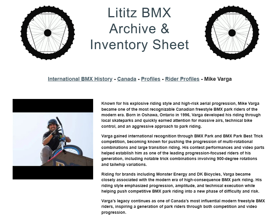 Lititz BMX International BMX History source page for Mike Varga