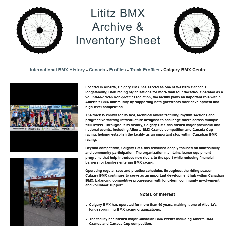 Lititz BMX International BMX History source page for Calgary BMX Centre