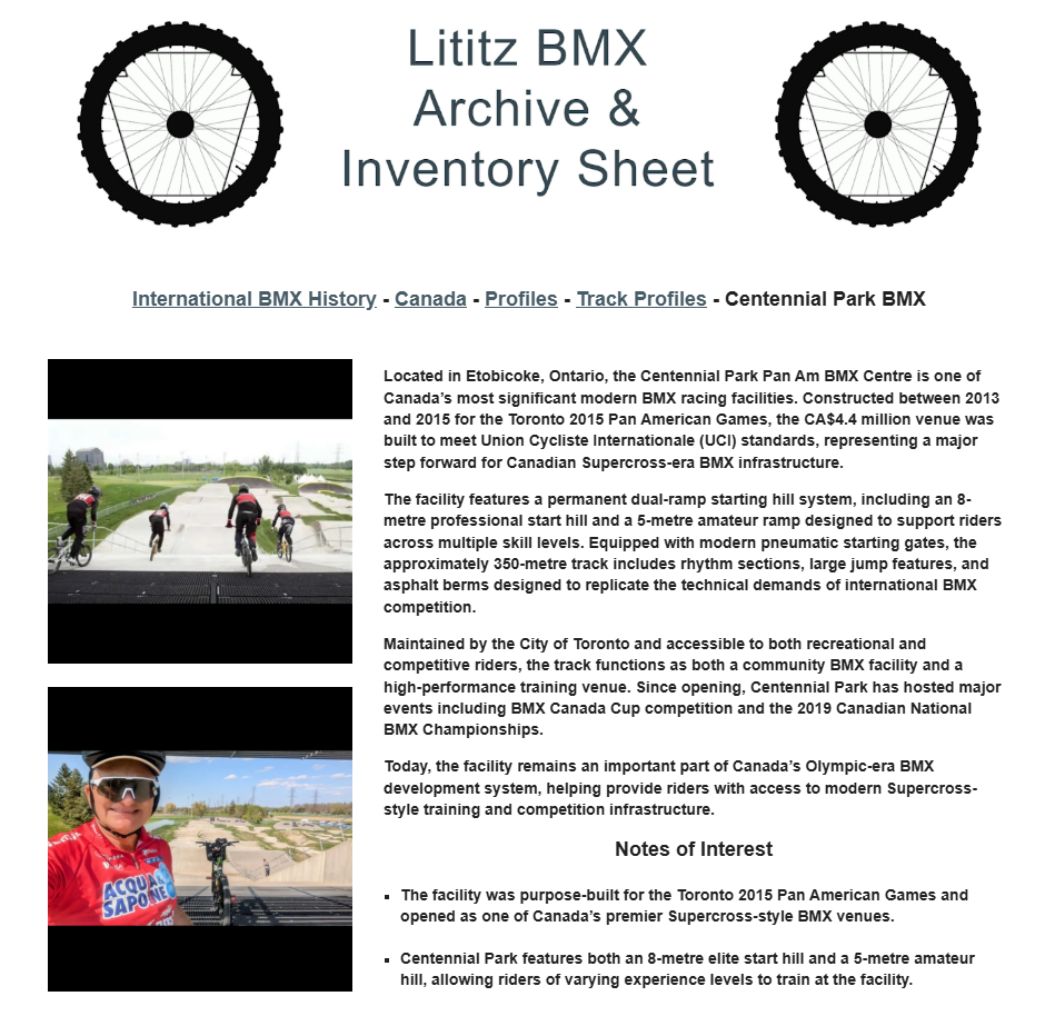 Lititz BMX International BMX History source page for Centennial Park BMX