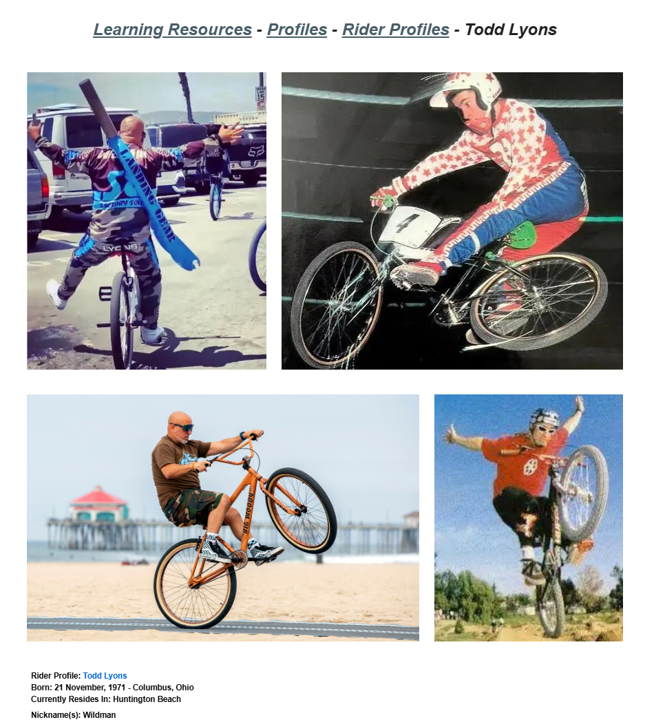 Published Lititz BMX rider profile source capture for Todd Lyons