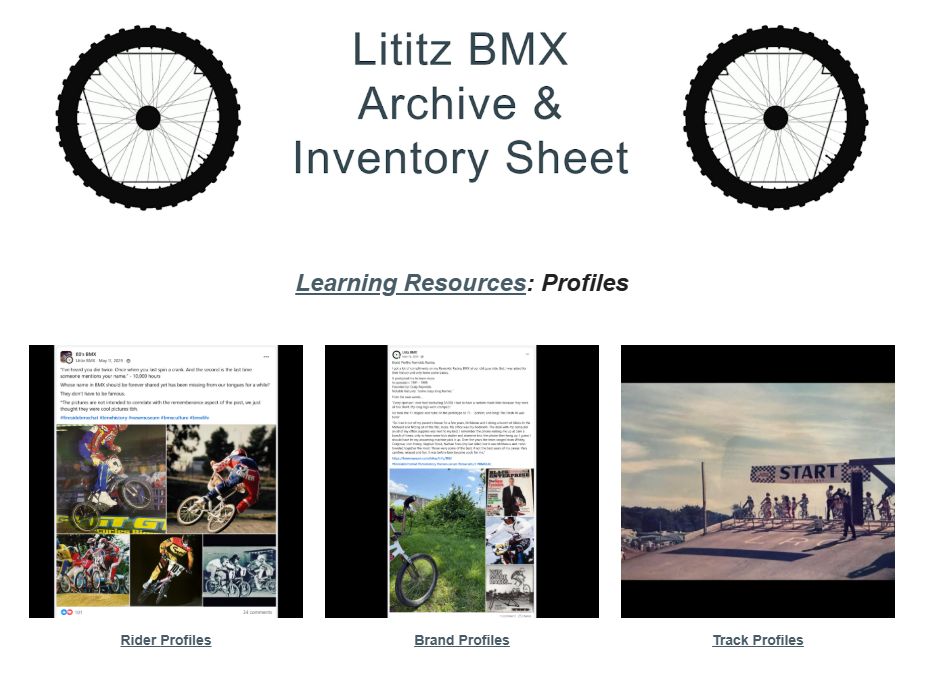 Lititz BMX Profiles landing page showing Rider Profiles, Brand Profiles and Track Profiles