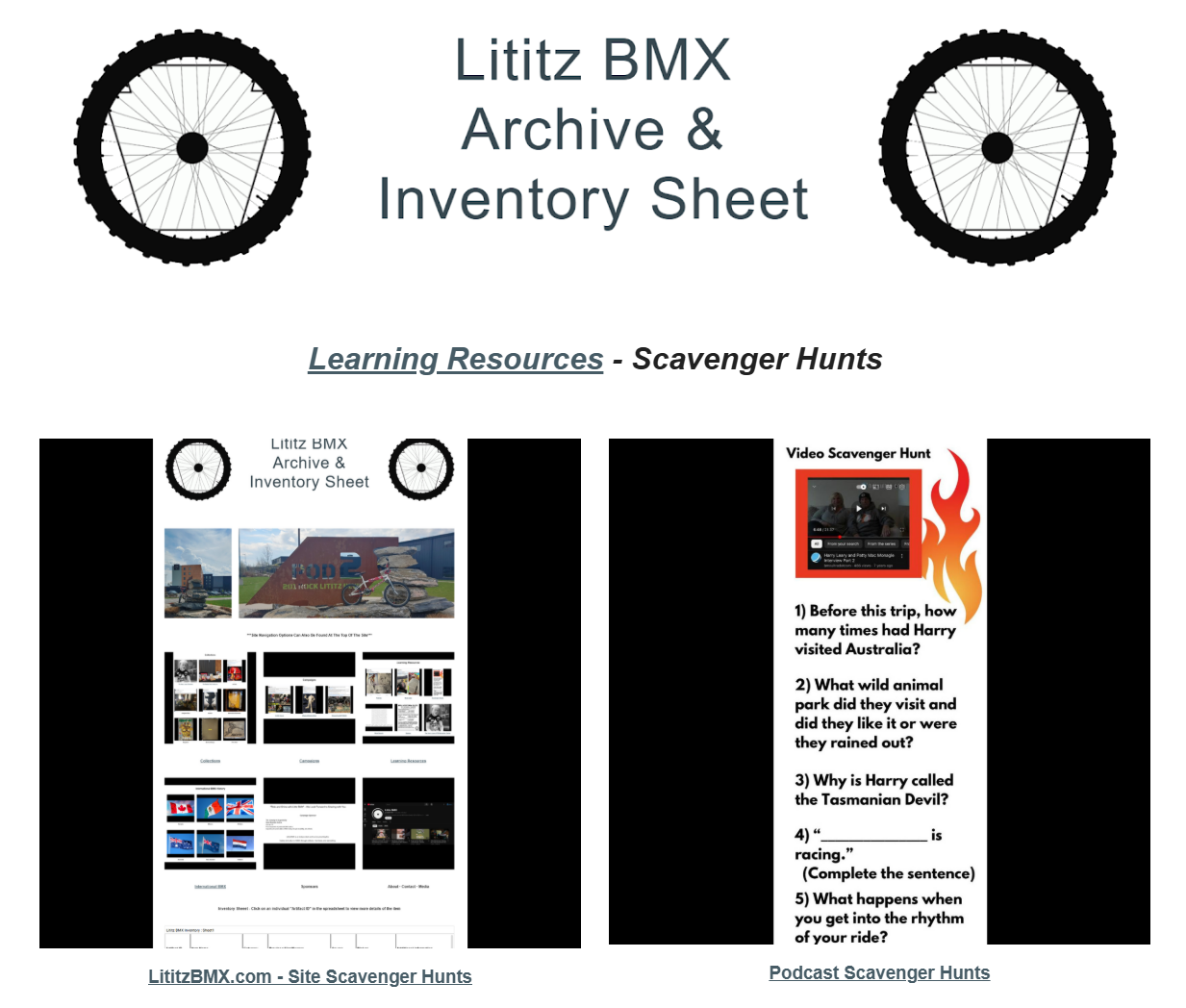 Lititz BMX Scavenger Hunts index showing Site Scavenger Hunts and Podcast Scavenger Hunts