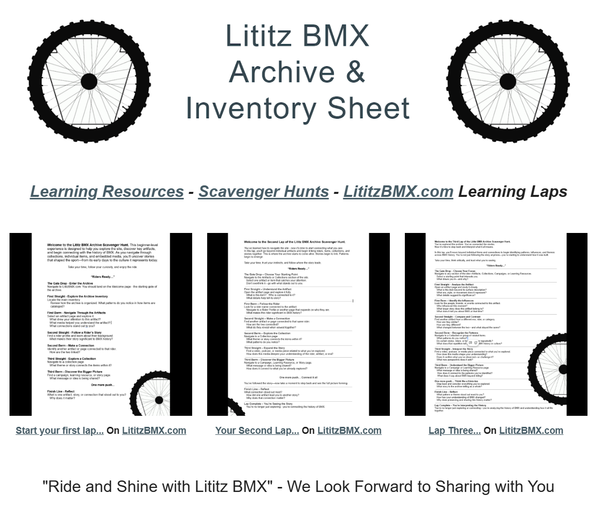 LititzBMX.com Learning Laps series index showing the First, Second, and Third Site Laps