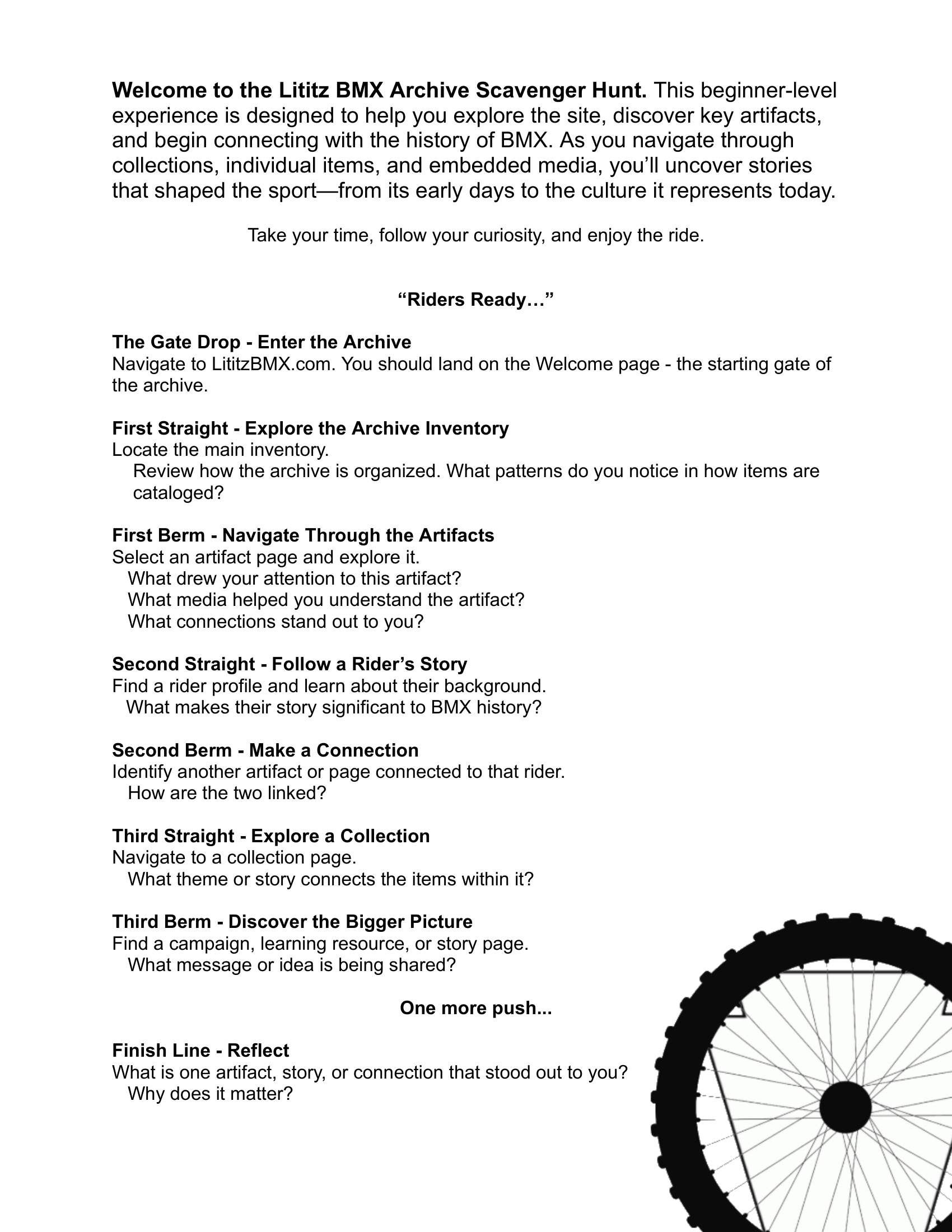 First Lititz BMX Learning Lap worksheet guiding visitors through the archive, artifacts, rider profiles, collections, and reflection