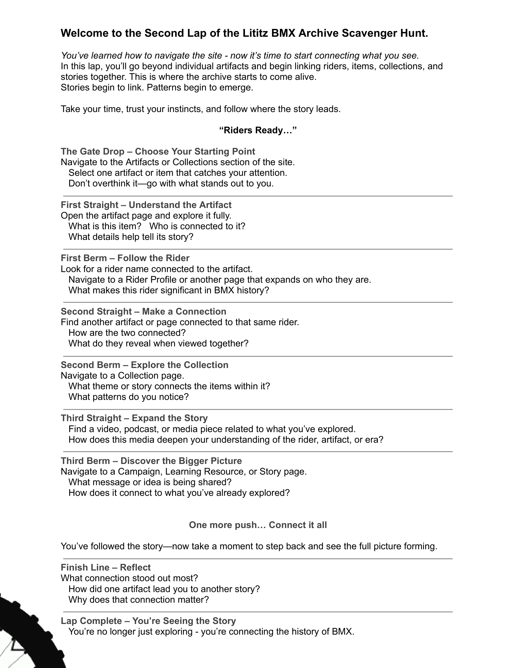 Second Lititz BMX Learning Lap worksheet connecting artifacts with riders, collections, media, campaigns, and related stories