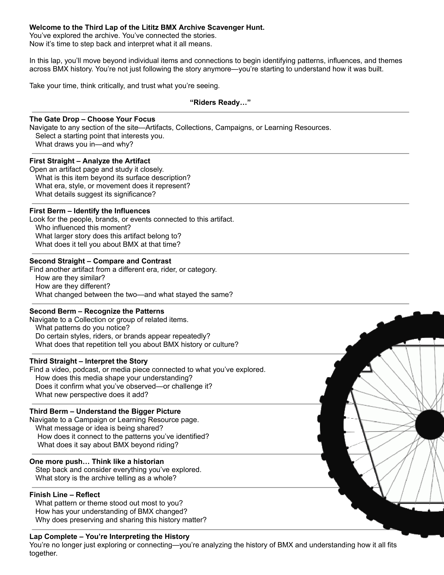 Third Lititz BMX Learning Lap worksheet asking visitors to analyze artifacts, compare eras, identify patterns, and interpret BMX history
