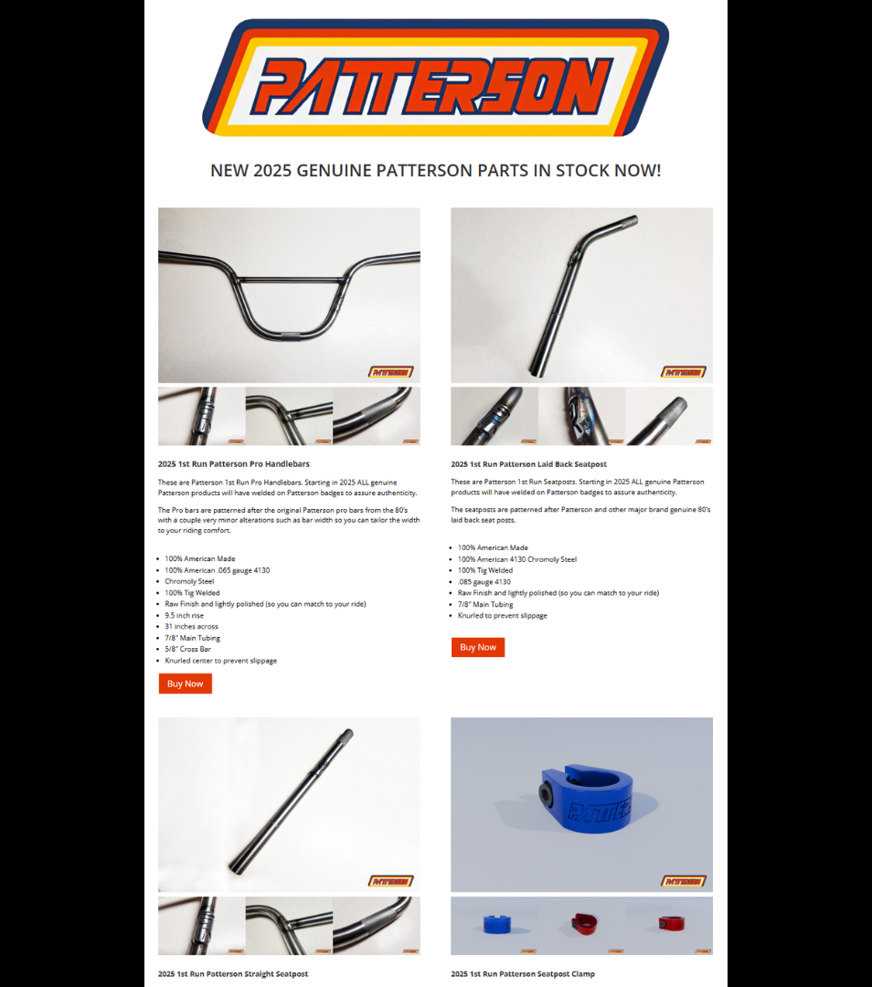 Patterson BMX product display featuring 2025 handlebars, seatposts, and colored seatpost clamps