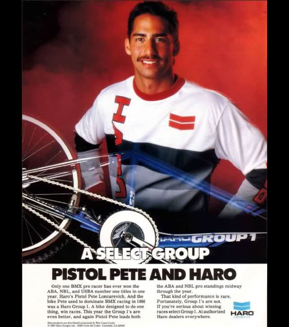 Pete Pistol Pete Loncarevich in a vintage Haro advertisement standing beside a Haro Group 1 BMX bike