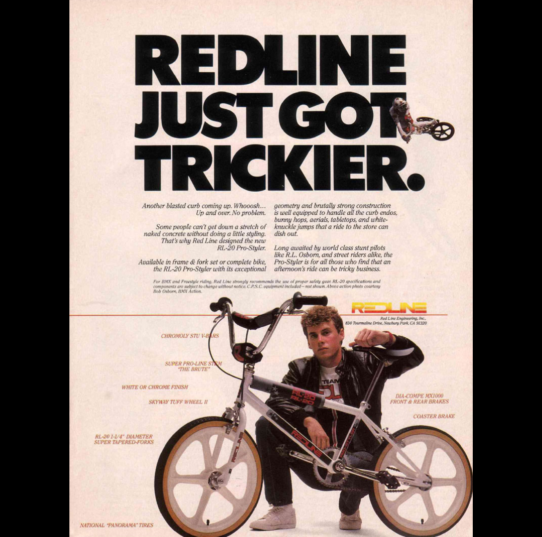 Vintage Redline BMX advertisement reading Redline Just Got Trickier featuring an RL-20 Pro-Styler freestyle bike and rider
