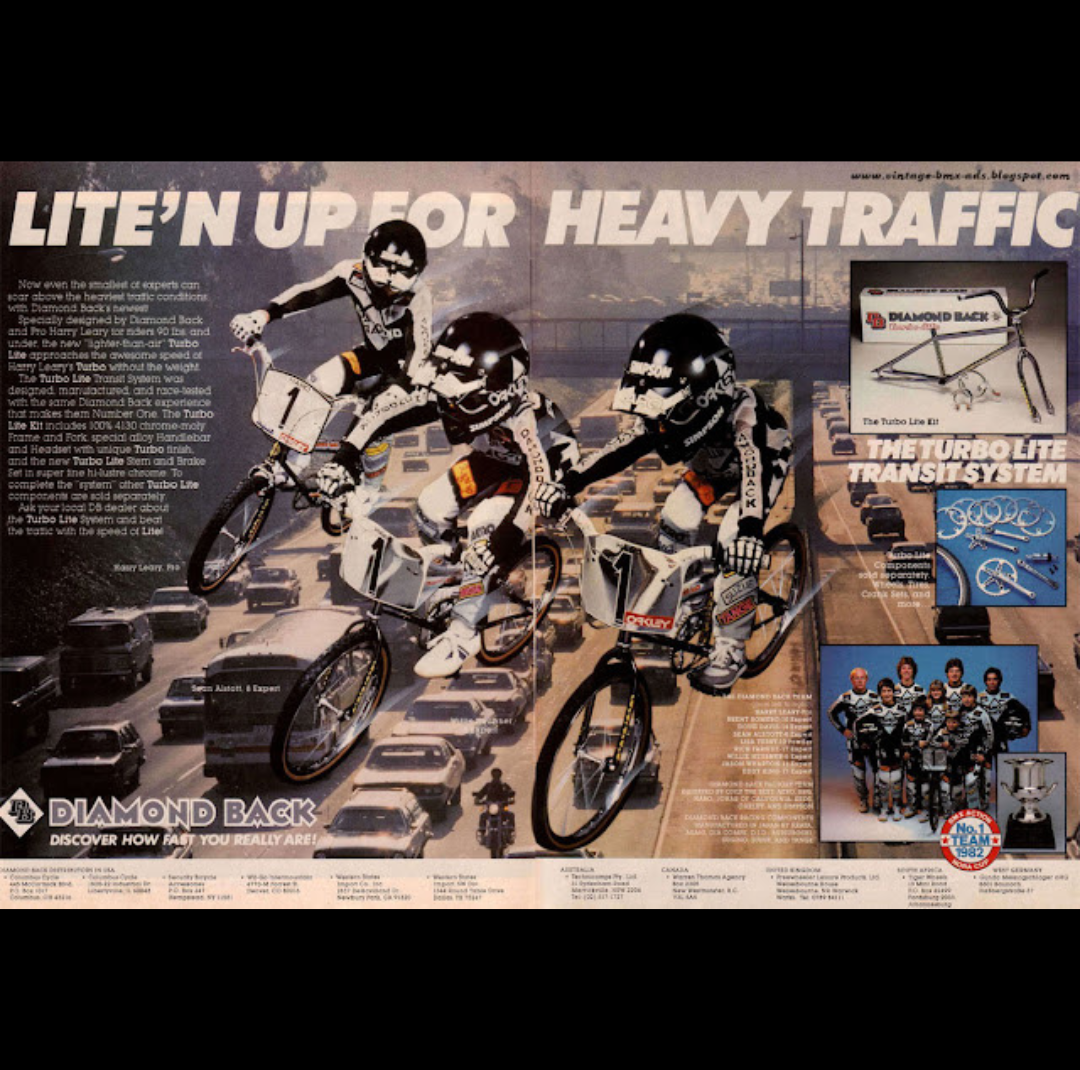 Vintage Diamond Back BMX advertisement reading Lite’n Up for Heavy Traffic featuring team riders and Turbo Lite product promotion