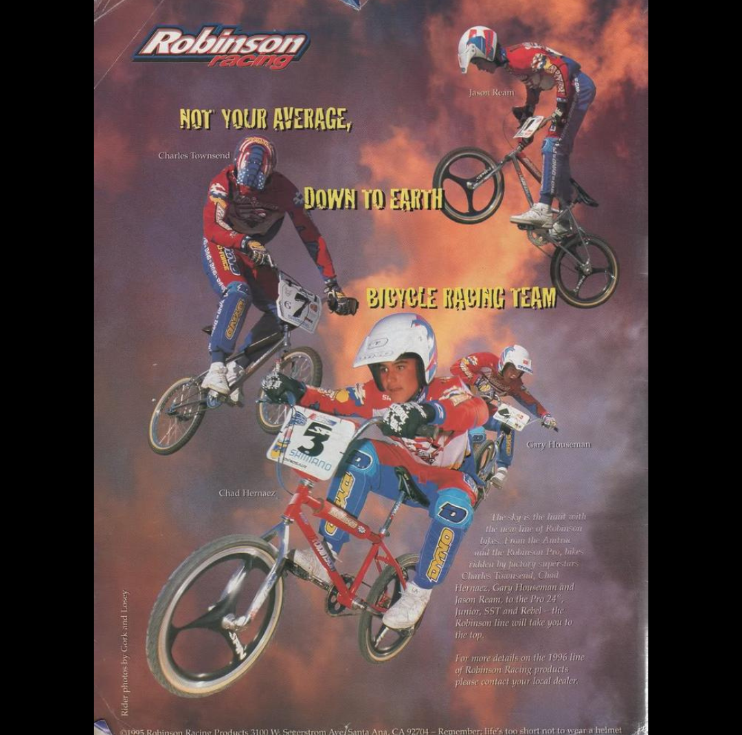 Vintage Robinson Racing team advertisement showing four BMX racers performing race and aerial maneuvers against an orange background