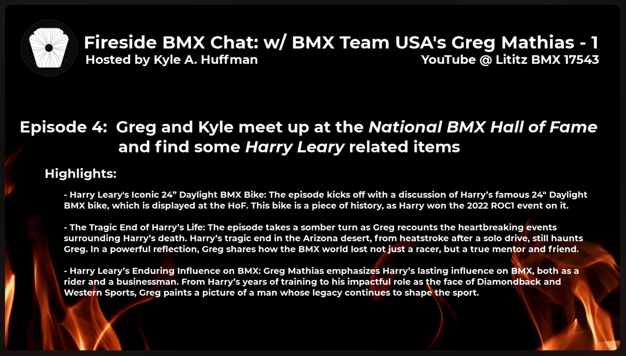 Fireside BMX Chat title card for Greg Mathias at the National BMX Hall of Fame with fire graphics.