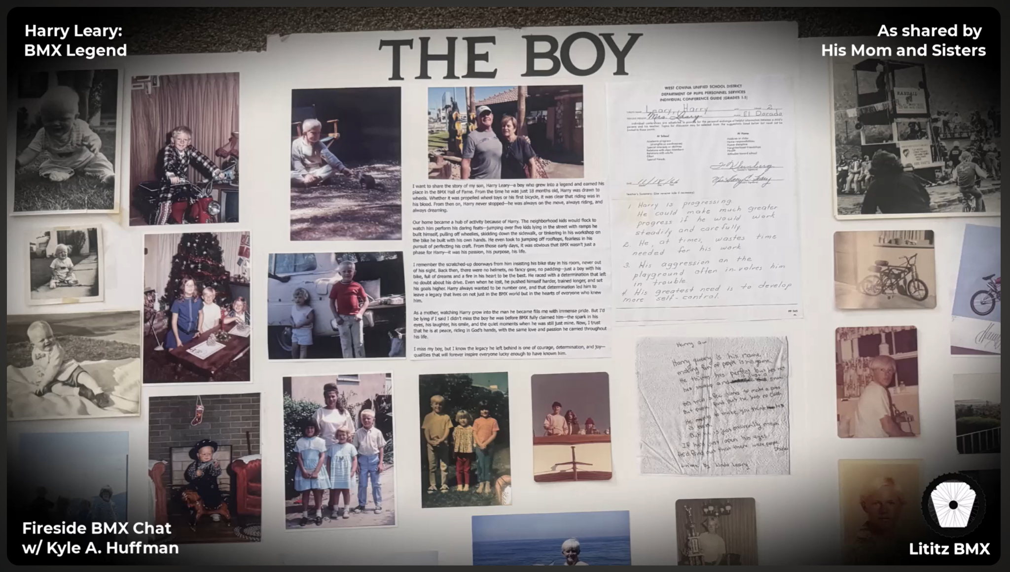 The Boy title card showing a memorial poster board with Harry Leary family photographs and writings.
