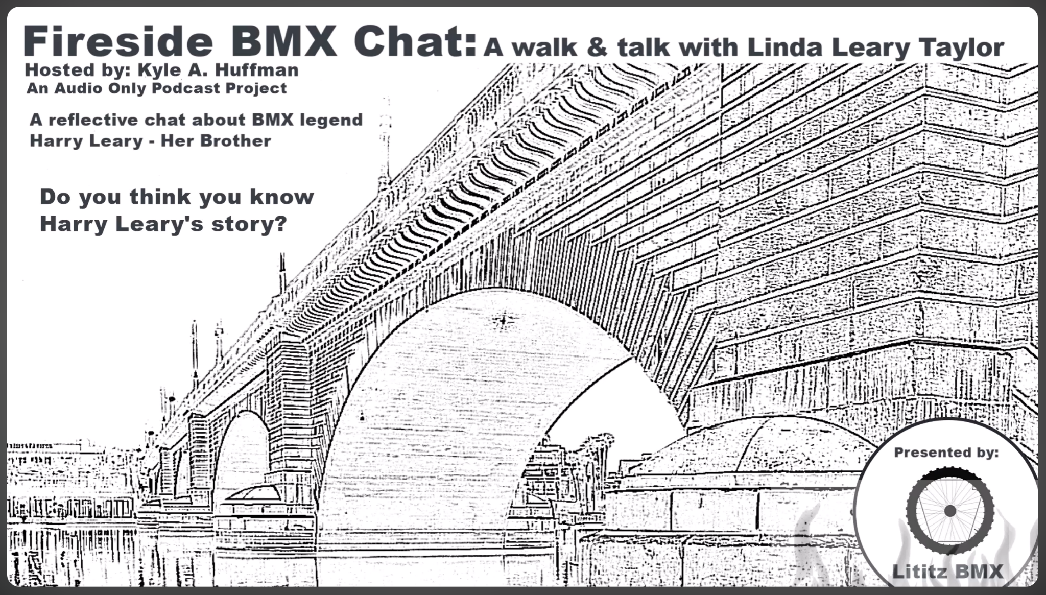 Fireside BMX Chat Walk and Talk title card showing an illustrated view of London Bridge.